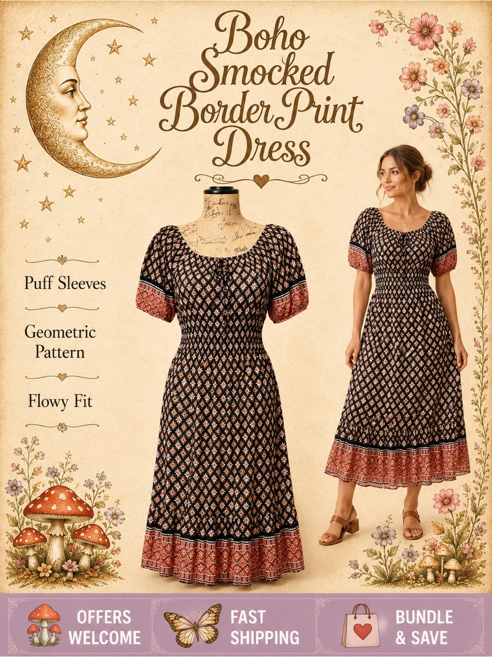 Boho Geometric Print Midi Dress Size M